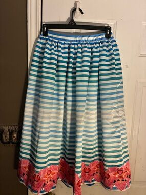 Anthropologie Blue and White Striped A-Line Skirt with Pink Flamingo trim size 6